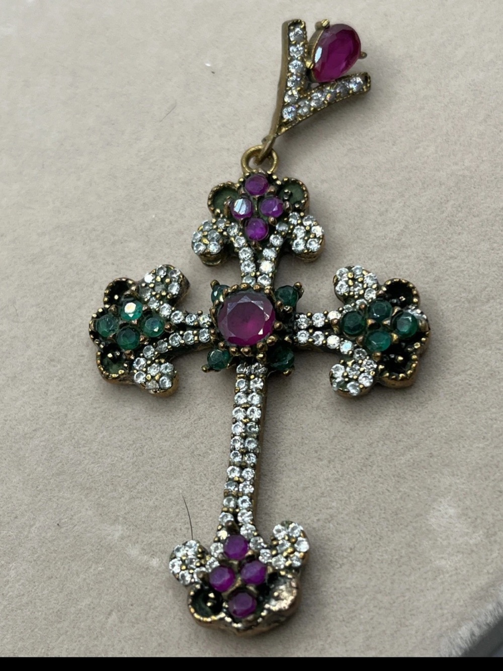 Vintage Jeweled Ruby Emerald Cross pendant 925 Sterling & Gold Vermil 13 grams